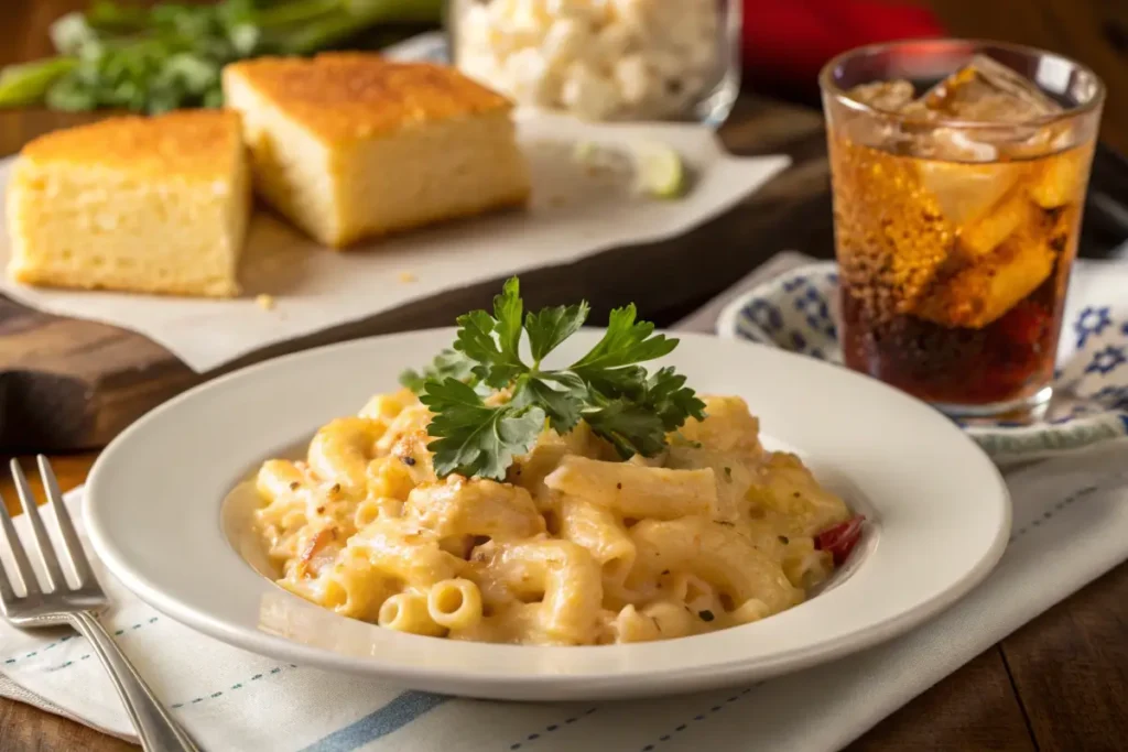 Serving of Cajun mac and cheese on a plate with cornbread.