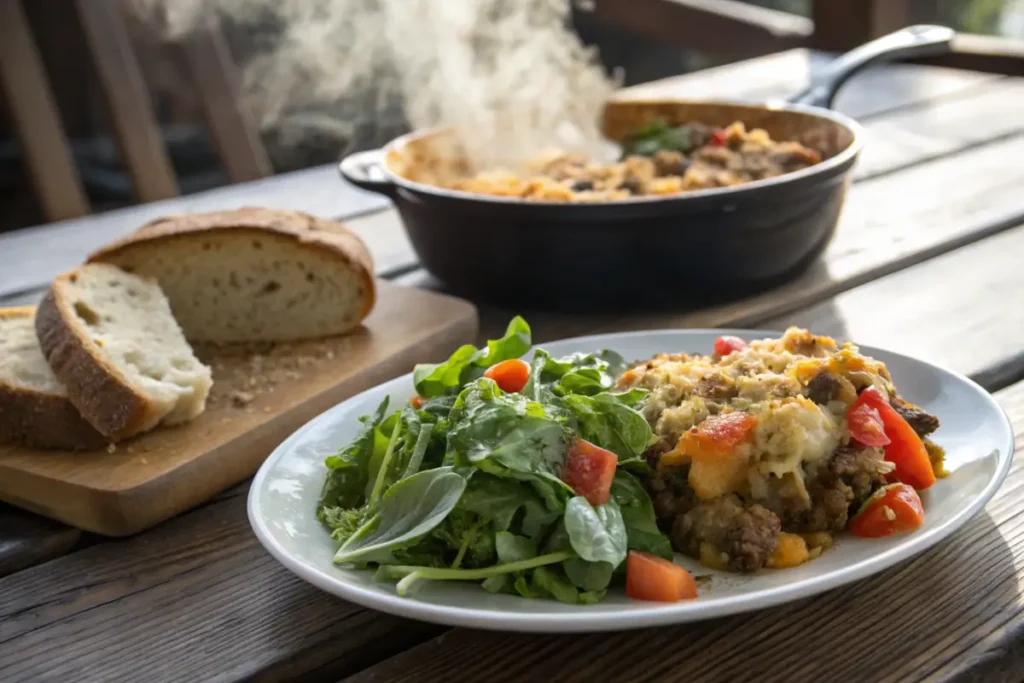 Plated hobo casserole served with salad and bread.