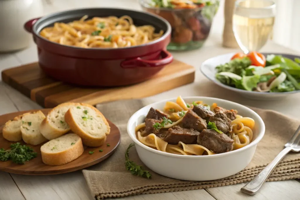 Crock pot beef and noodles served with garlic bread and salad.