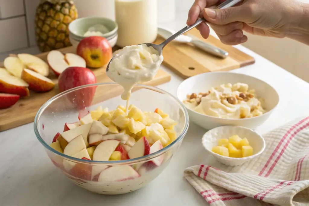 Preparing taffy apple salad with apples and pineapple being mixed in a creamy sauce.