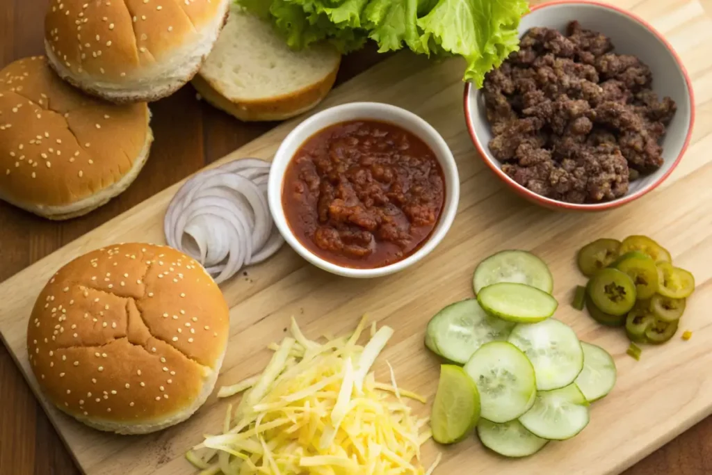 Ingredients for Big Mac Sloppy Joes including ground beef, Big Mac sauce, lettuce, pickles, cheese, buns, and onions on a wooden countertop.